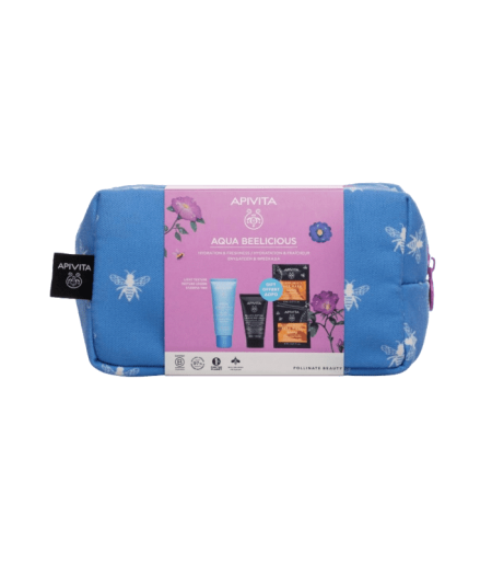 APIVITA AQUA BEELICIOUS PROMO FINE-FLOW MOISTURIZING CREAM SPF30 TINTED WITH GIFT MINI BLACK FACIAL CLEANSING GEL 50ML & MASK FOR MOISTURIZING & NOURISHING WITH HONEY 2X8ML