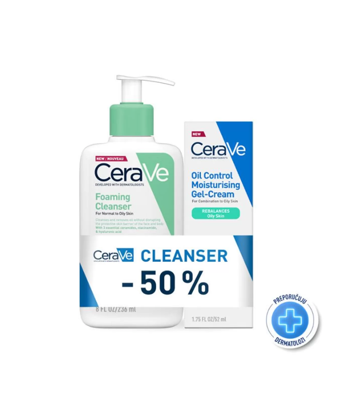 CERAVE HIDRATANTNA GEL-KREMA ZA LICE ZA MASNU KOŽU 52 ML + PJENUŠAVI GEL ZA ČIŠĆENJE ZA NORMALNU DO MASNU KOŽU 236ML