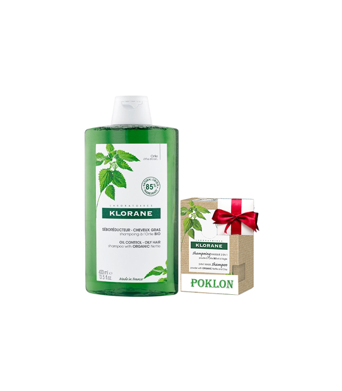 Klorane šampon sa organskom koprivom 400ml+GRATIS Klorane 2u1 sampon maska sa organskom koprivom i glinom 8x3g