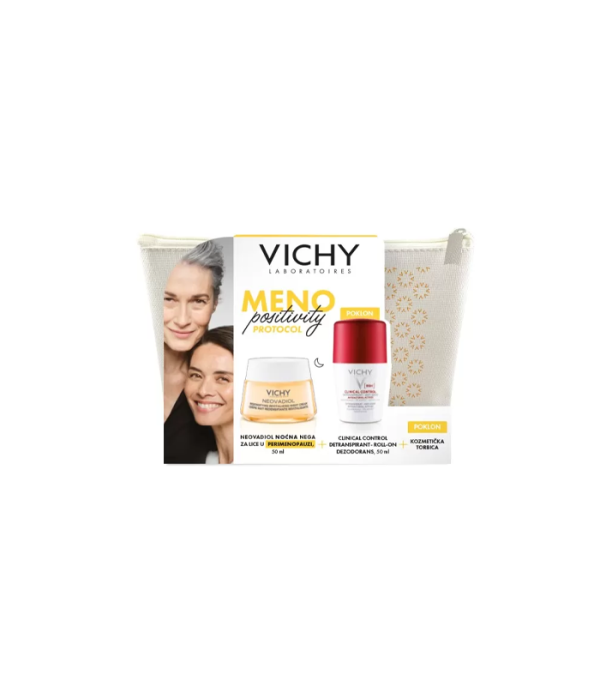 Neovadiol dnevna njega za lice u perimenopauzi suha koža 50ml+Clinical control detranspirant roll on dezodorans 50ml+kozmetička torbica