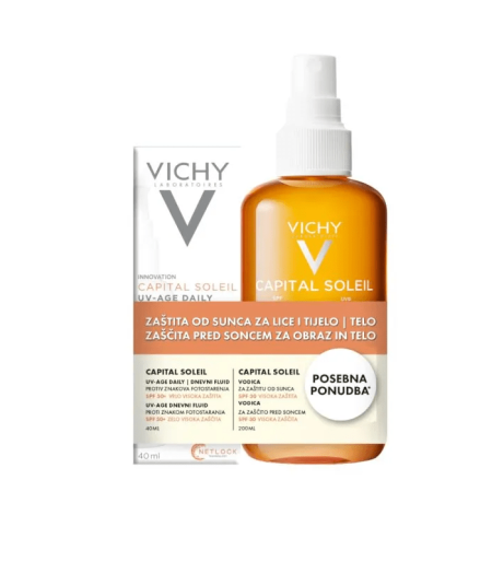 Vichy SET CAPITAL SOLEIL UV-AGE DAILY vodeni fluid SPF50+ 40 ml + Vodica za naglašen ten za lice i tijelo SPF30, 200 ml