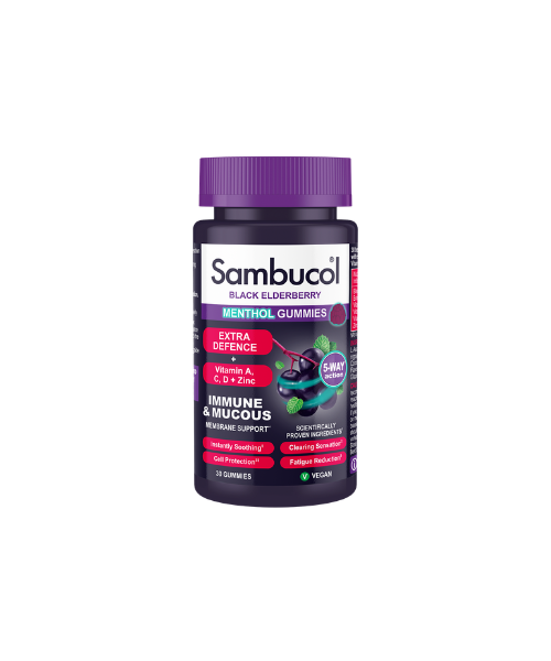 SAMBUCOL EXTRA DEFENCE MENTHOL GUMMIES BOMBONI SA CRNOM BAZGOM+VITAMINI+MINERALI ZA IMUNITET A30